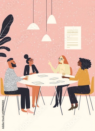 Four colleagues are sitting around a table in a pink room, discussing documents.