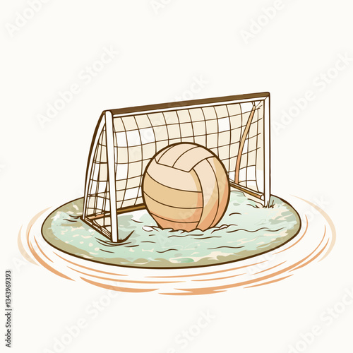 A volleyball sitting in a goal post on a water surface, symbolizing sports creativity and the fun of water play, perfect for summer activities, team sports, and beach games.