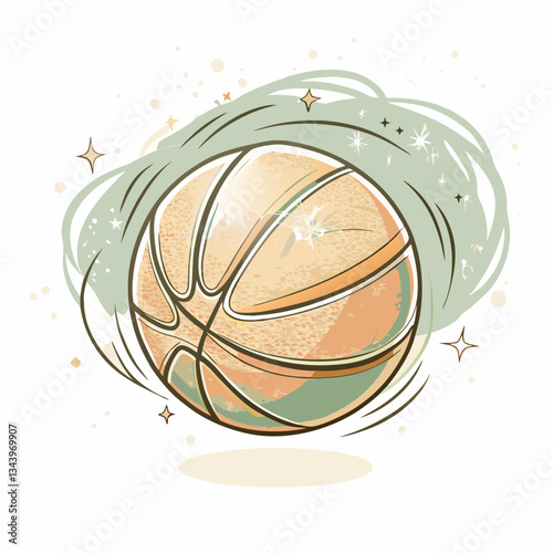 A dynamic basketball spinning in motion, illustrated in a playful style with pastel colors, representing the excitement of sports and the vibrant energy of basketball culture.