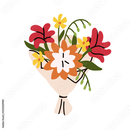 Flower bouquet. Gorgeous floral bunch in paper wrap. Field and garden blooms ...