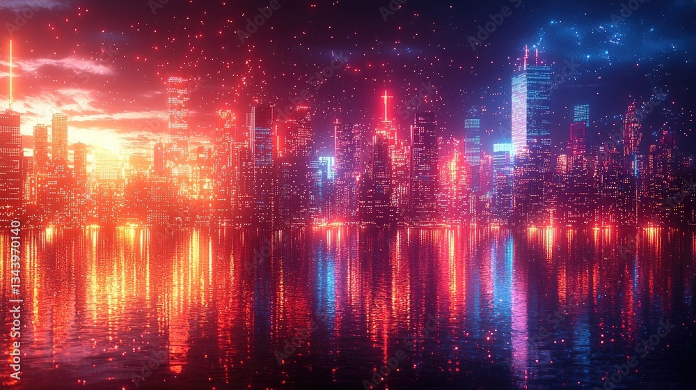 Fototapeta premium Vibrant city skyline at sunset with reflections on water and glowing lights