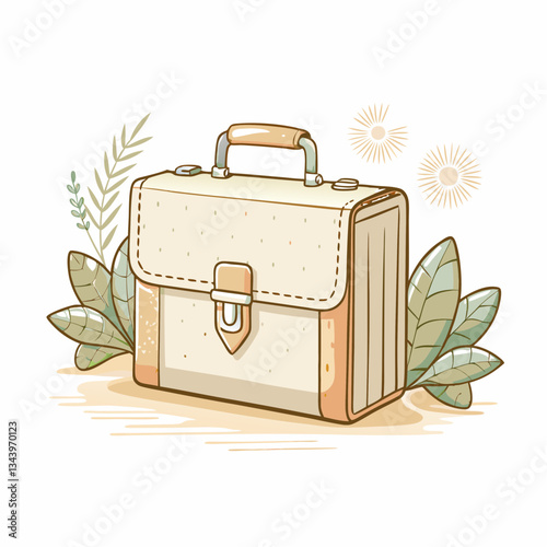 A stylish briefcase with a simple and modern design surrounded by green leaves, representing professionalism, organization, and the importance of carrying essentials for work and meetings.