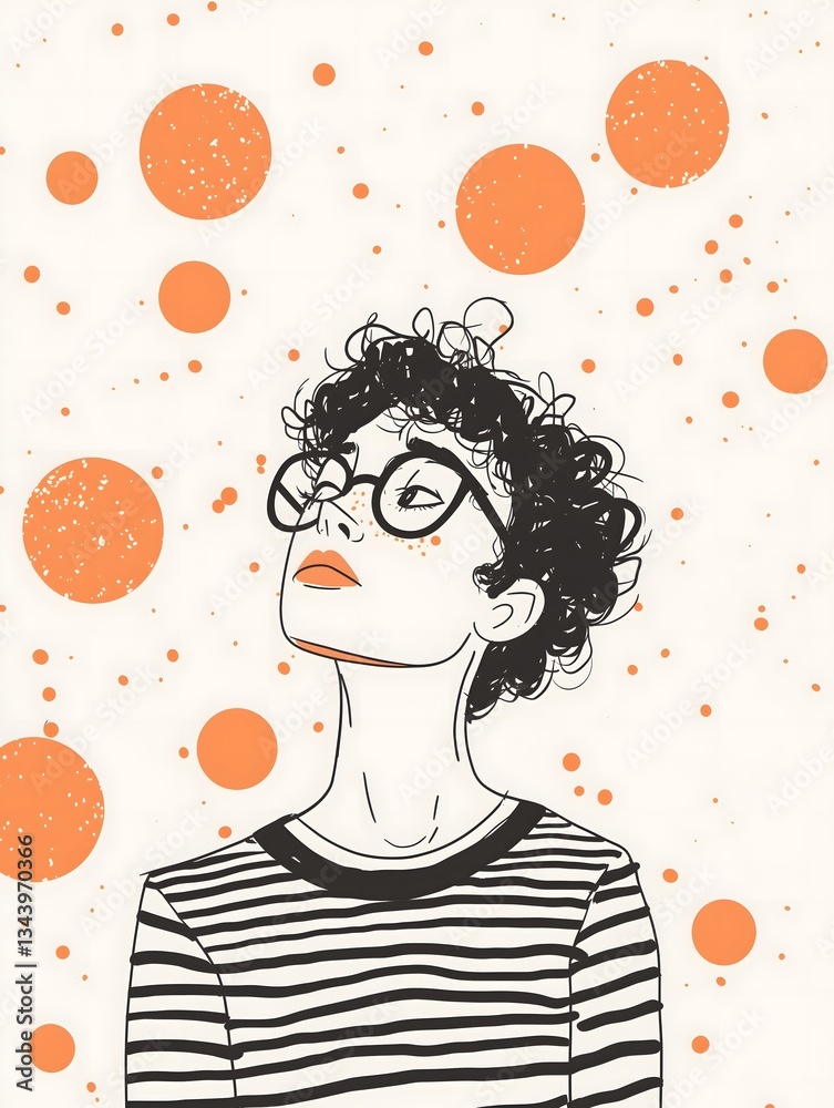 A stylish woman with curly hair and glasses looks upward, surrounded by orange circles. A stylish woman with curly hair and glasses looks upward, surrounded by orange circles.