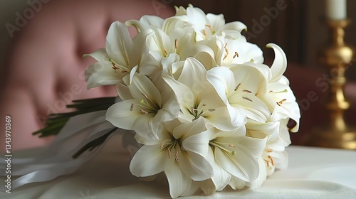 A bouquet of white flowers sits on a table