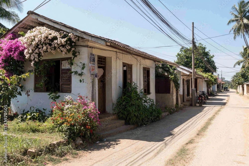 Obraz premium Building exterior with flora; warm colors and natural lighting, for travel planning