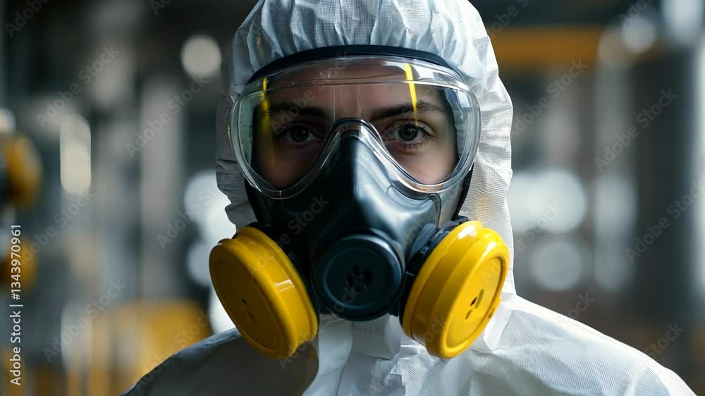 A worker dressed in a protective suit and respirator stands attentively in an industrial setting. The environment is filled with equipment, emphasizing safety measures against hazards A worker dressed in a protective suit and respirator stands attentively in an industrial setting. The environment is filled with equipment, emphasizing safety measures against hazards