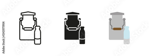 Milk can and bottle icon. Traditional dairy container vector illustration. Symbol of farm milk storage and agricultural industry. Rural nutrition, fresh dairy production and beverage concept.