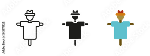 Scarecrow icon. Traditional farm guard vector illustration. Symbol of agriculture, harvest protection and rural countryside. Farming, crop safety and rustic field concept.