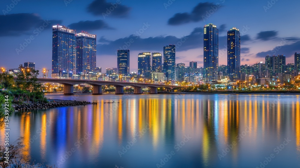 Obraz premium Illuminated cityscape reflected on serene river at twilight hour