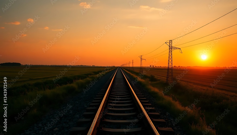 Obraz premium Railroad Tracks Leading to Sunset in Rural Landscape Scenery