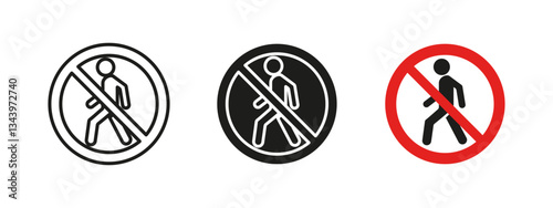No pedestrian icon. Walking restriction vector illustration. Prohibited crossing and road safety sign. Warning and no entry pictogram. Traffic regulation and caution symbol.