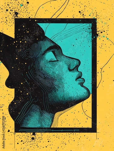 Abstract portrait of a woman's face with a teal and black design