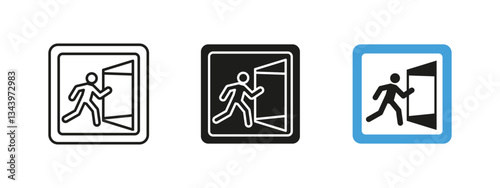 Exit icon. Emergency escape vector illustration. Safety sign for evacuation routes. Directional guide for public buildings, security and hazard warning pictogram.