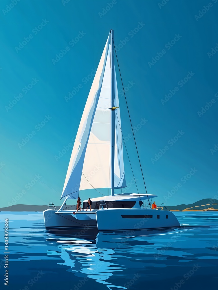 Naklejka premium Catamaran sailing on a calm sea under a clear blue sky