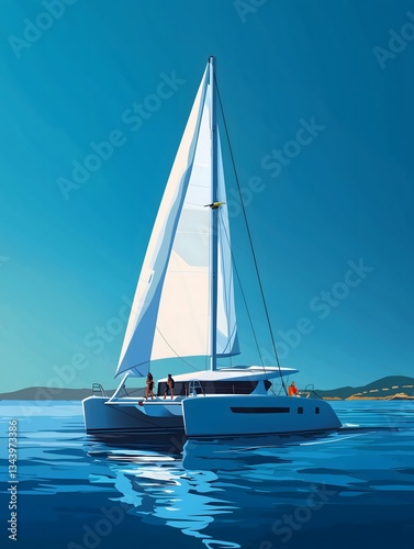 Catamaran sailing on a calm sea under a clear blue sky