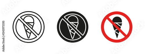 No ice cream icon. Food restriction vector illustration. Prohibited eating sign for public areas. Hygiene and safety regulation symbol for parks, facilities and transportation zones.