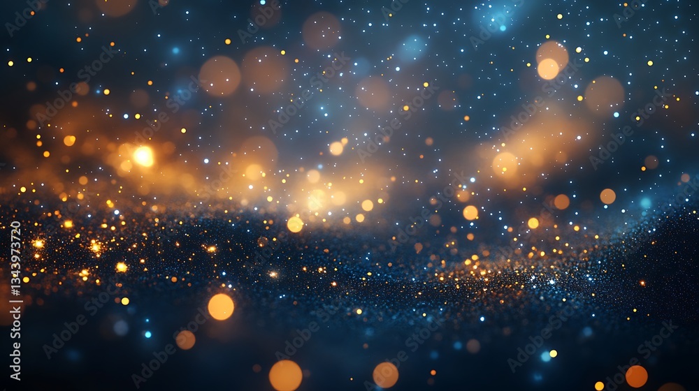 Obraz premium A cosmic sea of shimmering gold and blue stardust, a breathtaking celestial dance of light and wonder with bokeh effects and a dark background.