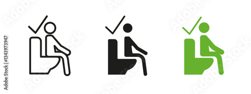 Proper toilet sitting icon. Restroom hygiene instruction vector illustration. Correct posture sign for public and private facilities. Cleanliness and safety pictogram for proper toilet use.