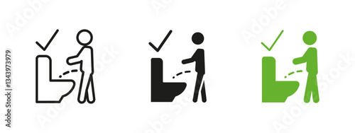 Proper toilet usage icon. Restroom hygiene instruction vector illustration. Correct urination etiquette sign for public and private facilities. Cleanliness pictogram for proper restroom behavior.
