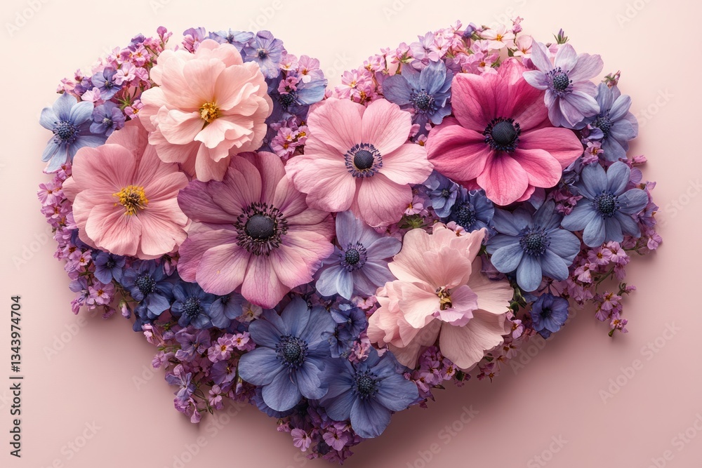 Heart Shaped Floral Arrangement with Pink and Purple Flowers on Soft Pastel Background Top View Flat Lay for Spring Summer or Garden Concept Heart Shaped Floral Arrangement with Pink and Purple Flowers on Soft Pastel Background Top View Flat Lay for Spring Summer or Garden Concept