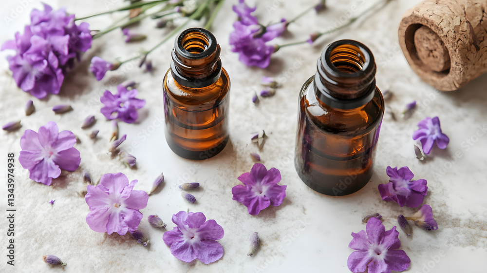 Aromatherapy scene with essential oils in amber bottles surrounded by purple flowers and lavender on marble surface, creating calming spa atmosphere Aromatherapy scene with essential oils in amber bottles surrounded by purple flowers and lavender on marble surface, creating calming spa atmosphere