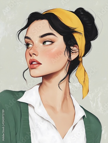 Portrait of a woman with freckles and a yellow headscarf