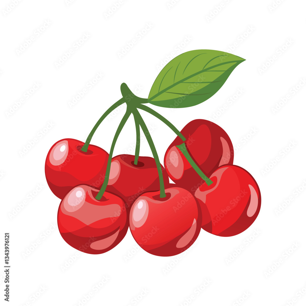 Obraz premium A bunch of fresh, ripe red cherries with green leaves.