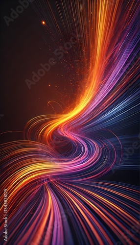 A striking abstract background and wallpaper featuring dynamic streaks of vibrant orange and purple light blending into a dark void