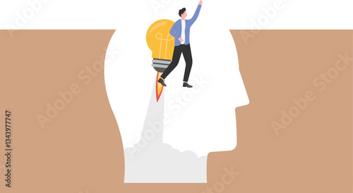 Businessman holds winner flag riding light bulb idea flying into the sky

