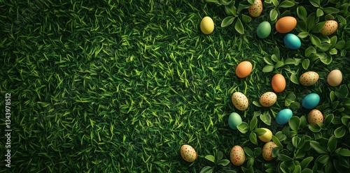 Colorful Easter eggs scattered on green grass with leaves photo