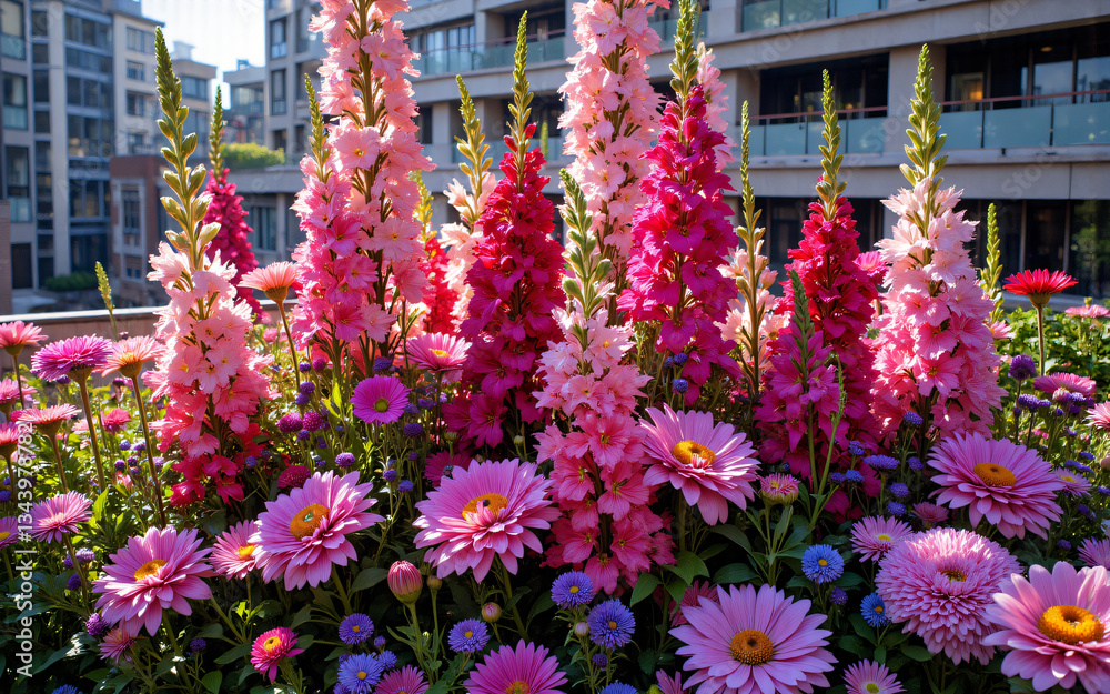 Fototapeta premium A colorful flowerbed showcases tall pink and red blooms alongside purple daisy-like flowers under bright daylight, with buildings faintly visible in the background.