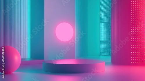 Vibrant Modern Space with Neon Lights and Geometric Shapes photo