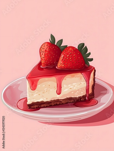 A slice of strawberry cheesecake on a pink plate