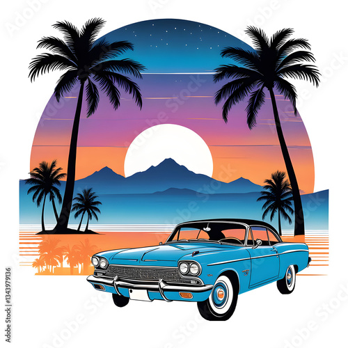 Vintage Blue Classic Car at Sunset with Palm Trees