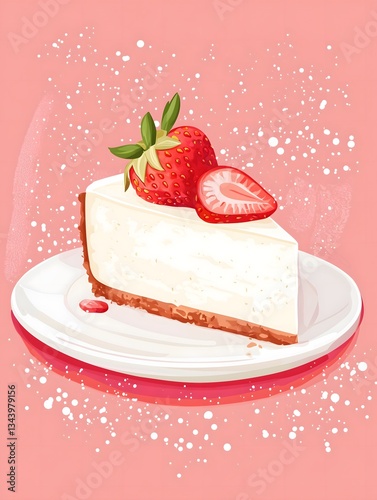 A slice of cheesecake with strawberries on a pink background