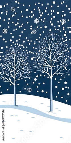 Snowy Winter Night Scene with Bare Trees