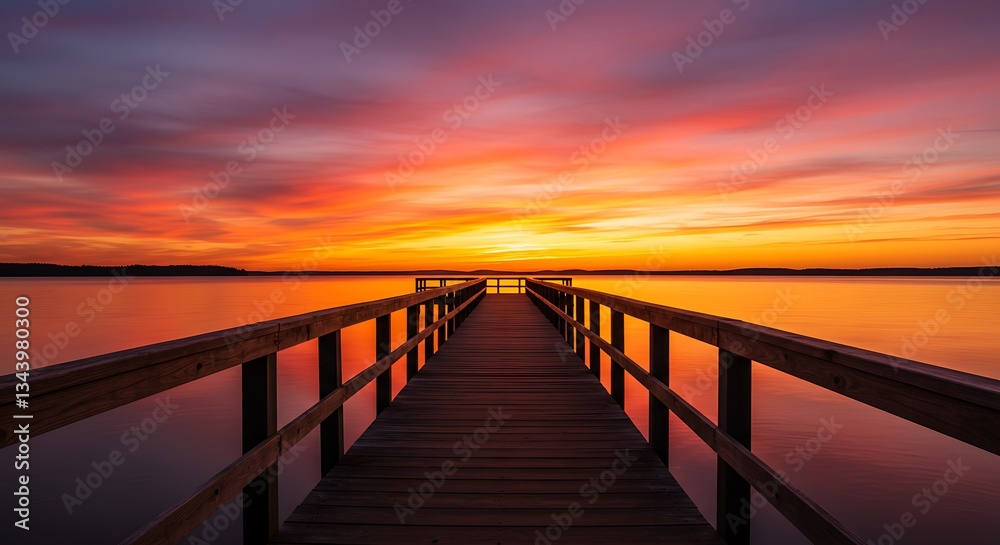 Wooden Pier Leads to Stunning Sunset Over Calm Lake Water Wooden Pier Leads to Stunning Sunset Over Calm Lake Water