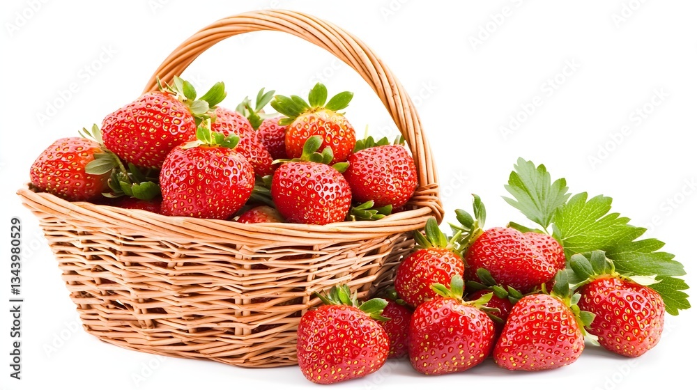 Fresh Red Strawberries Piled in a Woven Basket with Green Leaves on a White Background Fresh Red Strawberries Piled in a Woven Basket with Green Leaves on a White Background