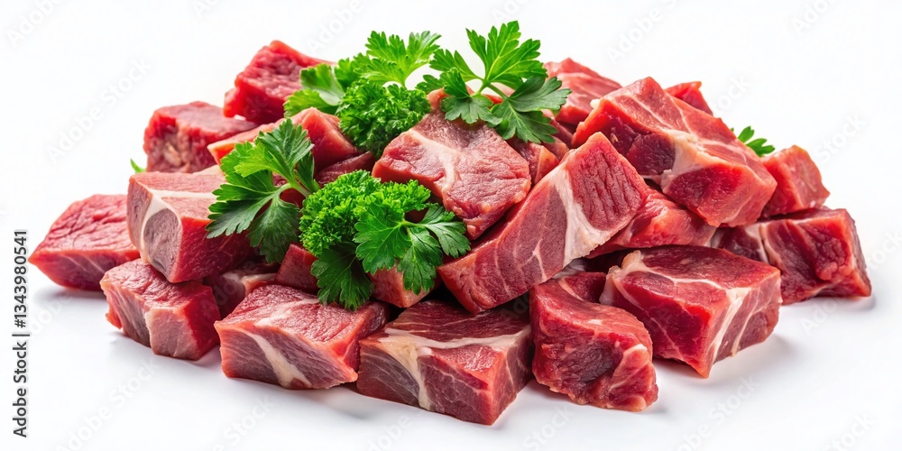Fresh Raw Goat Meat Chunks with Parsley Garnish - Drone Aerial View Fresh Raw Goat Meat Chunks with Parsley Garnish - Drone Aerial View