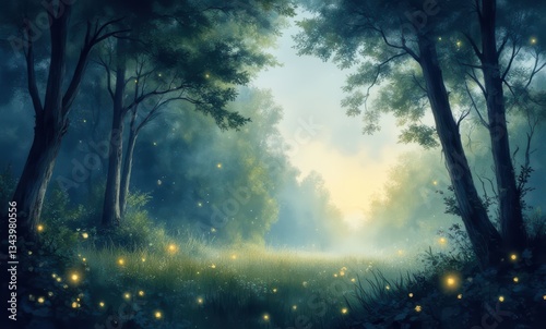 Enchanted forest at dusk with fireflies