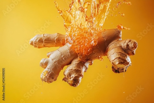 Ginger Roots Splashing in Bright Orange Liquid on Vibrant Yellow Background