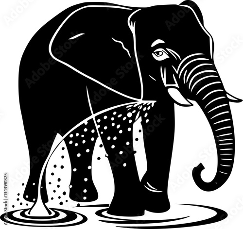 Elephant spraying water illustration monochrome black and white line art wildlife nature animal vector graphic design art print digital commercial