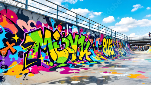 Vibrant graffiti artwork at the skate park with sunny skies above adding depth