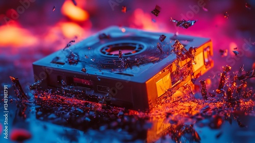 Exploding tape cassette on vibrant background, destroyed in colorful chaos