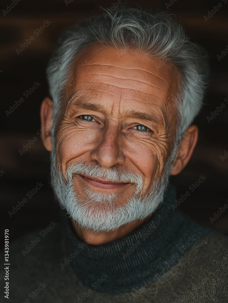 Close-up portrait of an older man with a white beard and mustache. he is smiling and looking directly at the camera. he has a friendly expression on his face and is wearing a gray sweater. Close-up portrait of an older man with a white beard and mustache. he is smiling and looking directly at the camera. he has a friendly expression on his face and is wearing a gray sweater.