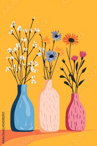 Three vases with different flowers on a yellow background