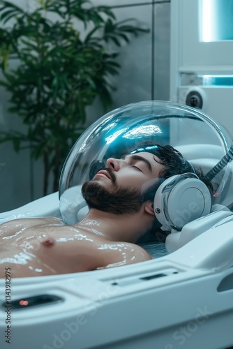 Relaxing in a futuristic spa treatment chamber, a man enjoys a sensory escape filled with tranquility and rejuvenation Generative AI