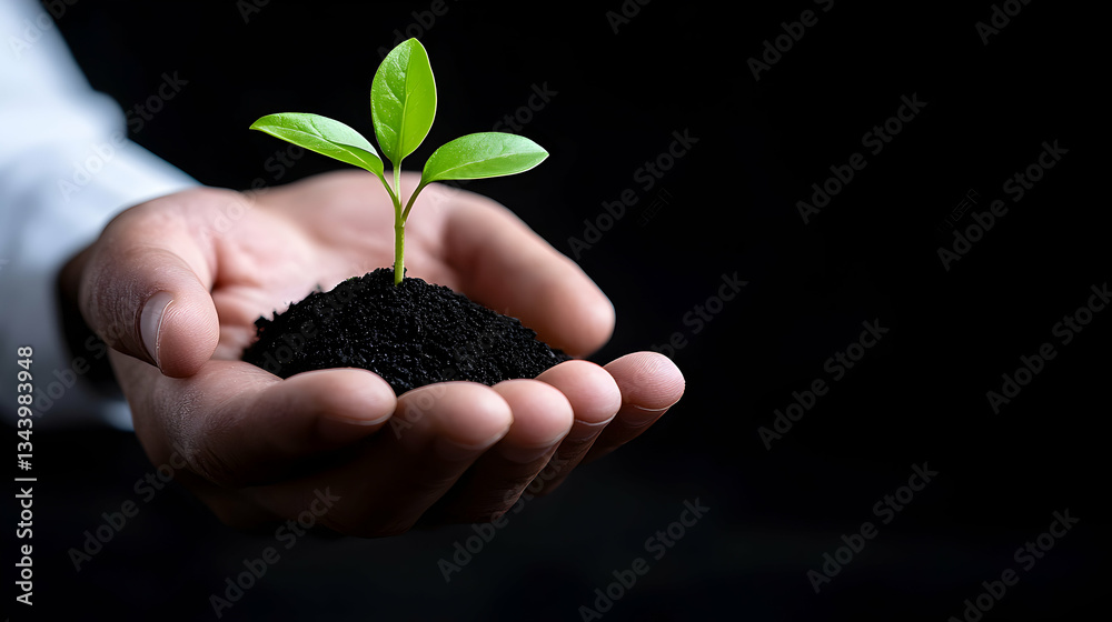 Hands Holding a Small Green Seedling in Dark Soil Hands Holding a Small Green Seedling in Dark Soil