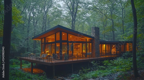 Modern glass house nestled in a serene forest, showcasing cozy interior lighting