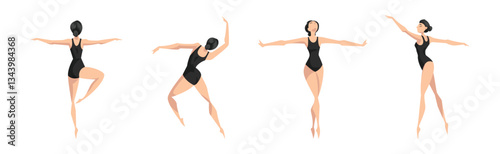 Female Ballet Dancer Performing in Black Leotard Vector Set